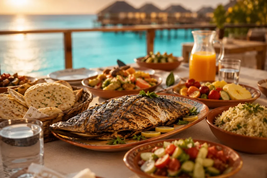 Halal grilled fish and Middle Eastern dinner spread overlooking overwater villas at a Maldives resort