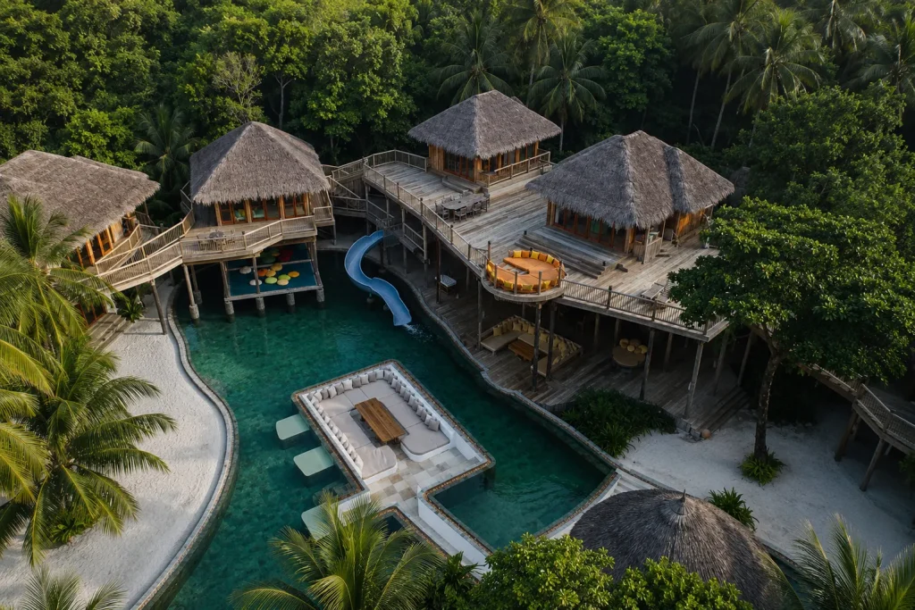 Overwater villa pool and slide near Soneva Fushi, an alternative to the Bulgari Maldives opening