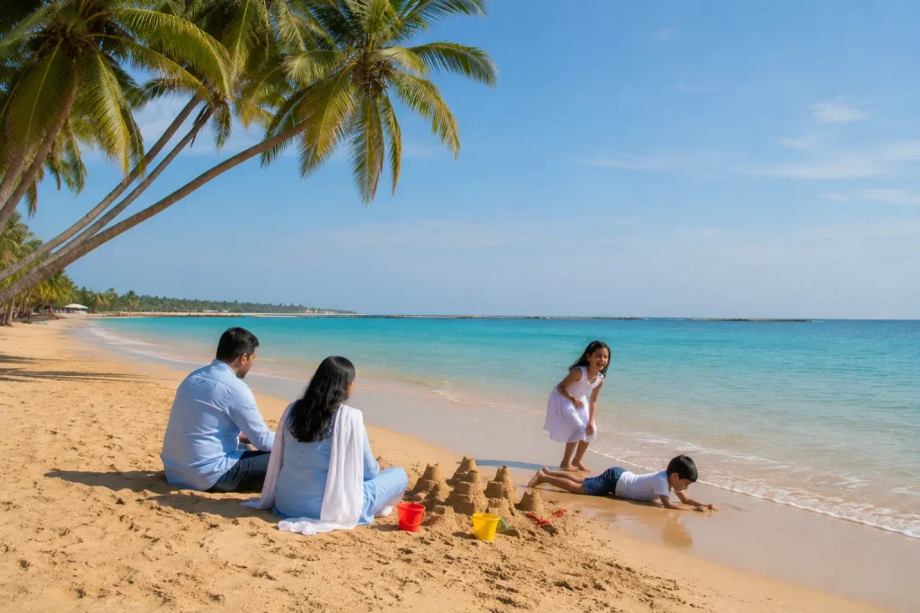South Asian family on Bentota beach with sandcastles and palm trees, sri lanka eta free for pakistanis