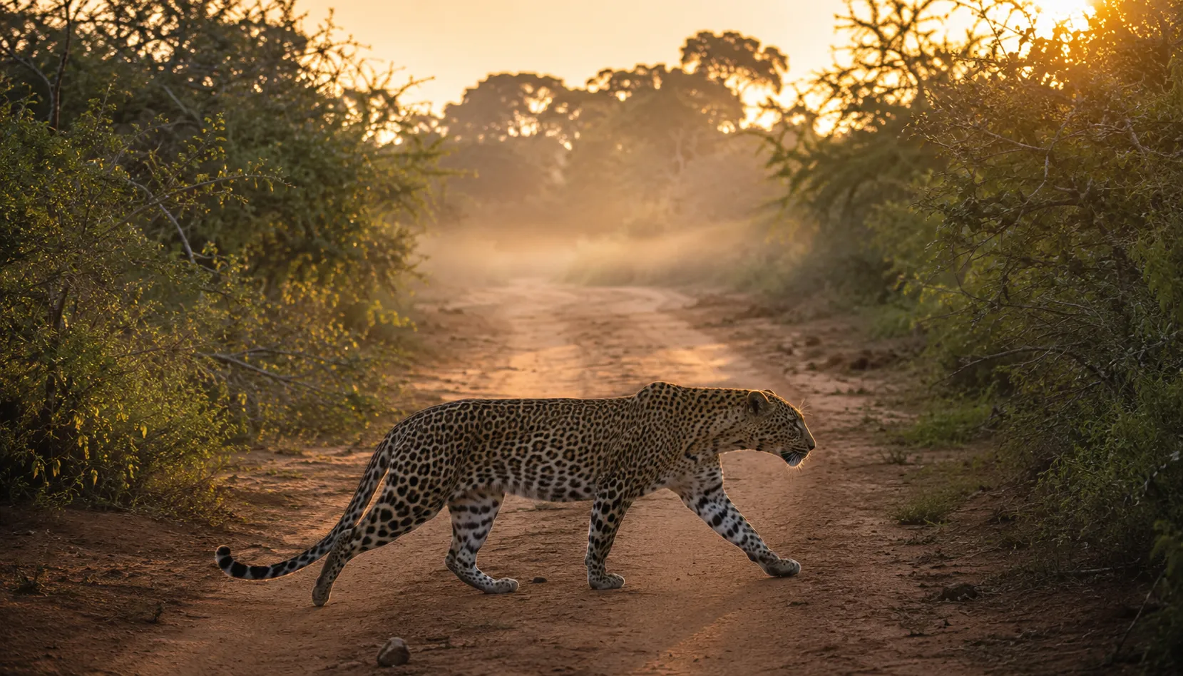 A leopard crossing a dirt track at dawn during a Sri Lanka safari in Yala