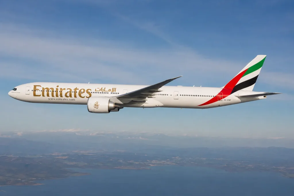 Emirates over Dubai's skyline, the short hop most cheap flights from Karachi target first