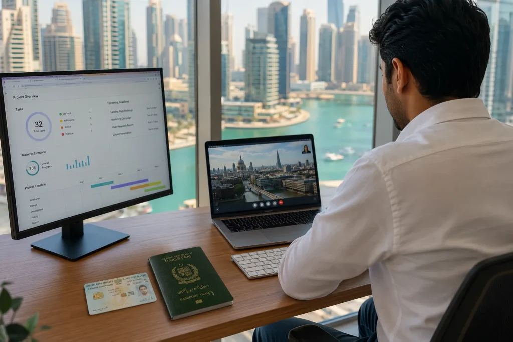 Pakistani remote worker at Dubai Marina desk with Emirates ID and passport, UAE Virtual Work Visa