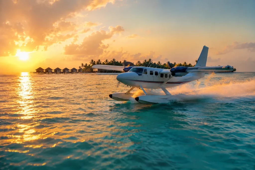Seaplane arriving at a Maldives overwater villa resort at sunset, the transfer used for family trips