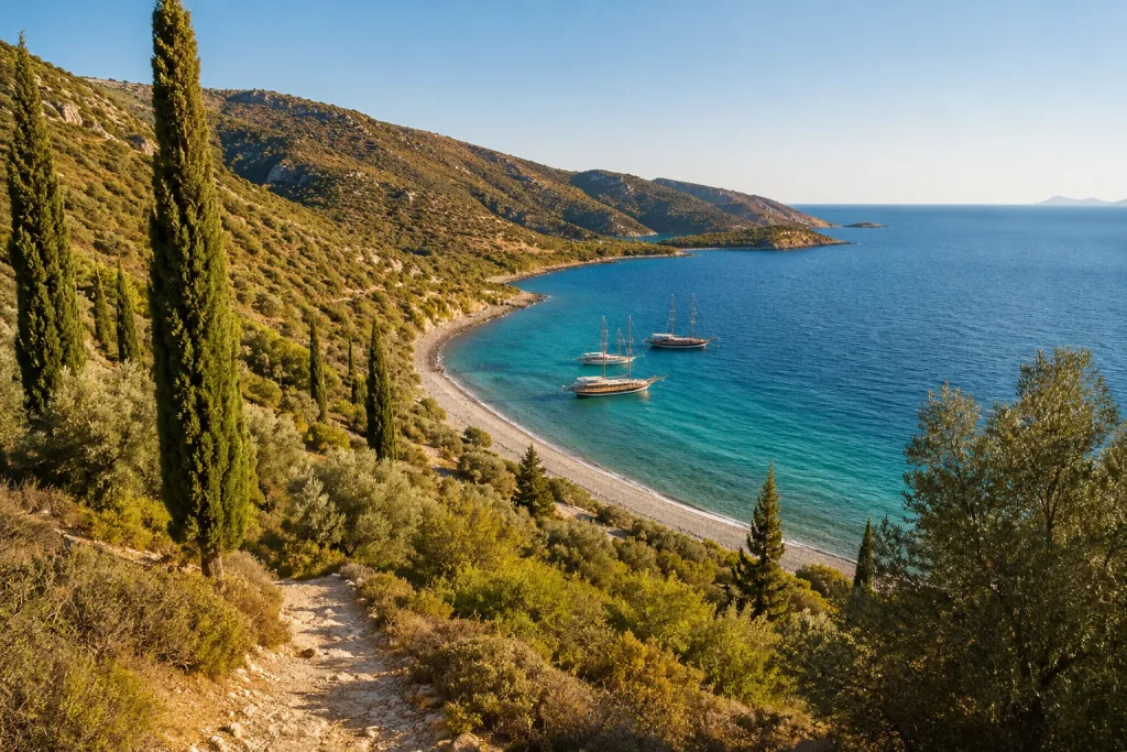 Aegean cove near Bodrum with gulet boats and cypress hillside, Turkey wellness retreats autumn timing