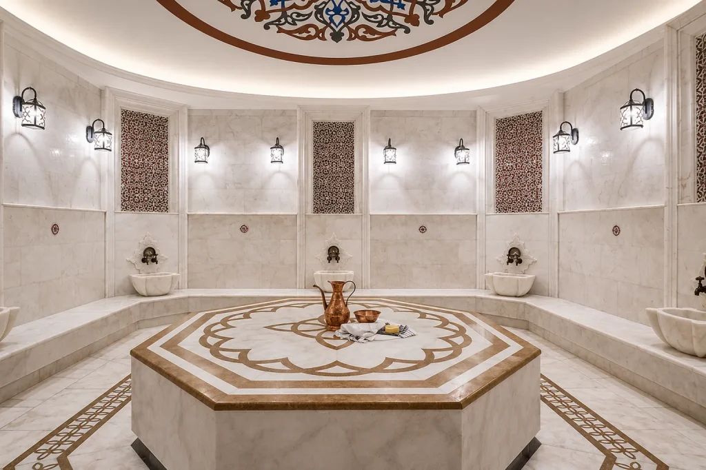 Traditional Turkish hammam marble interior with copper ewer, Turkey wellness retreats authentic spa