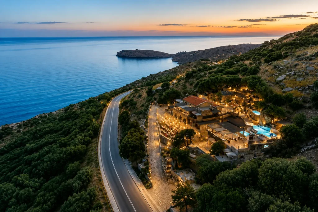 An Aegean hillside resort at dusk shows what a Turkey wellness retreat for autumn looks like