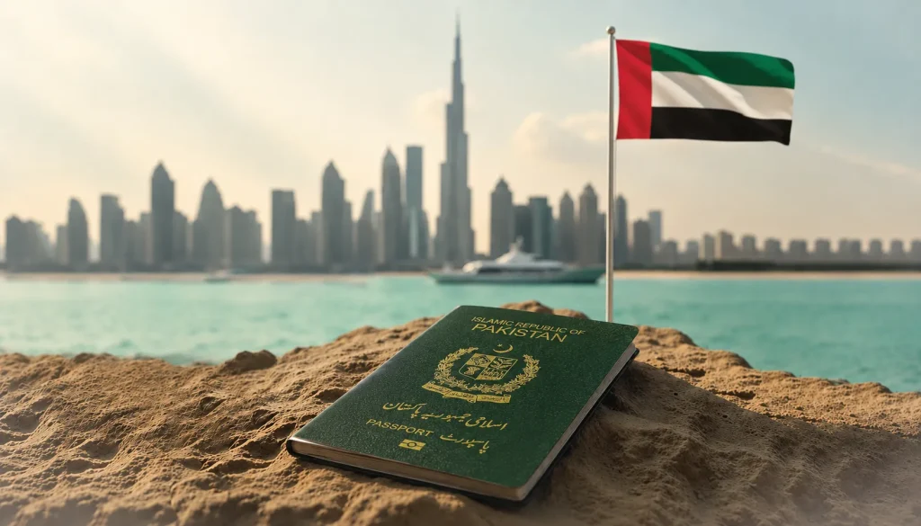 Pakistani passport with UAE flag and Dubai skyline backdrop, UAE Virtual Work Visa for Pakistanis