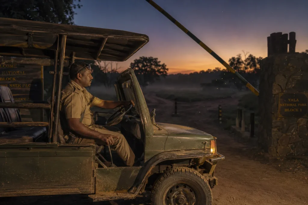 A private guide entering Yala National Park Block 1 at dawn on a Sri Lanka safari
