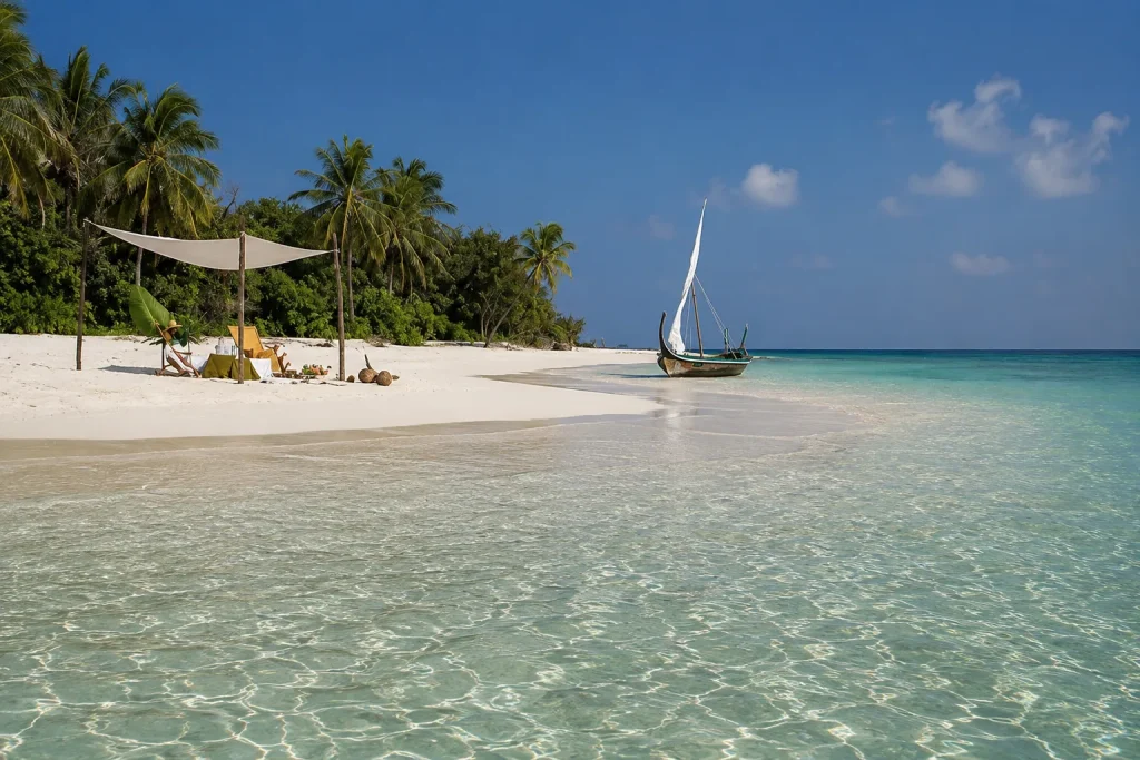 Sailing dhoni on a private beach, part of the Bulgari Maldives opening travel experience from Karachi