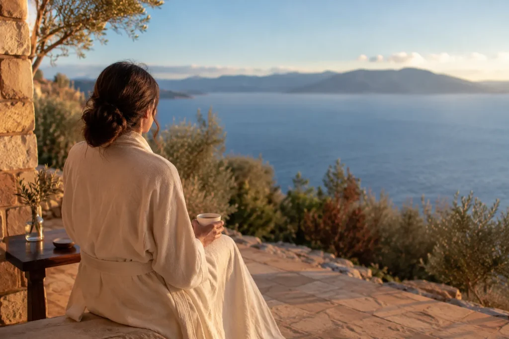 A quiet terrace moment shows the rest built into a Turkey wellness retreat for autumn