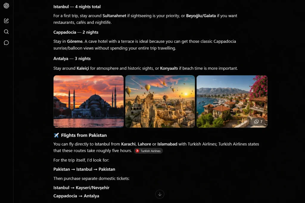 Screenshot of an AI trip planner generating a Turkey travel itinerary with Istanbul, Cappadocia, and Antalya suggestions.