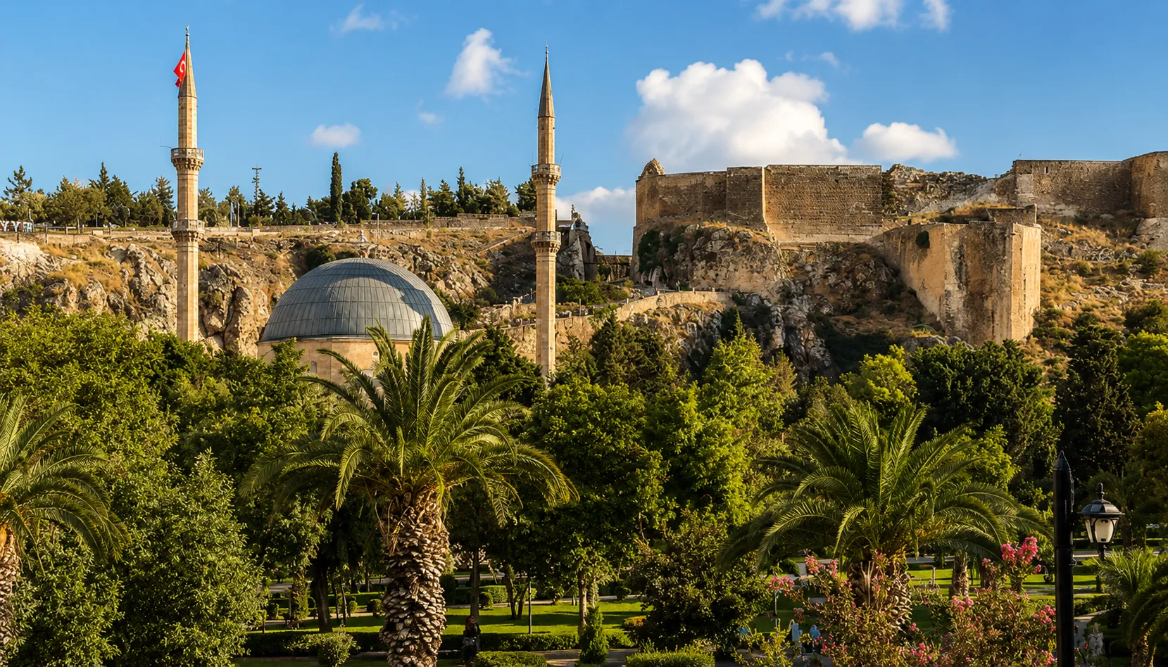 Mosque and hilltop fortress in Şanlıurfa, Turkey — a heritage site near the Level 4 advisory zone an AI trip planner Turkey won't flag.