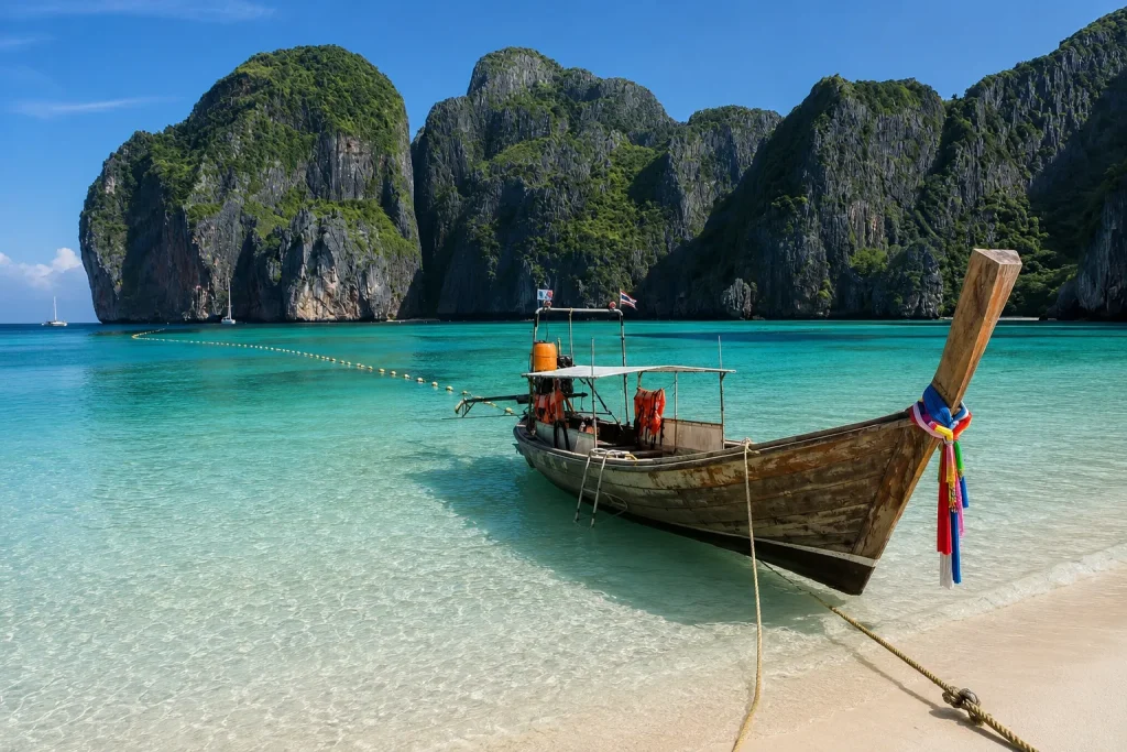 Longtail boat trip through Andaman coast limestone cliffs, best after October for a Thailand halal family holiday