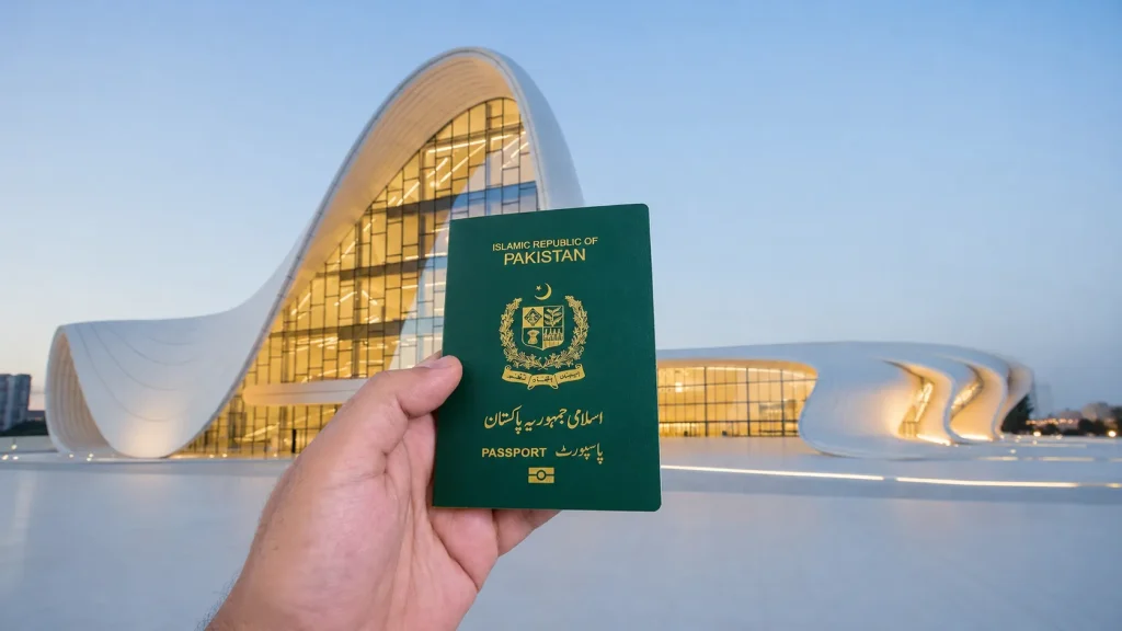 Pakistani passport in front of the Heydar Aliyev Center in Baku, the Azerbaijan e-visa for Pakistanis