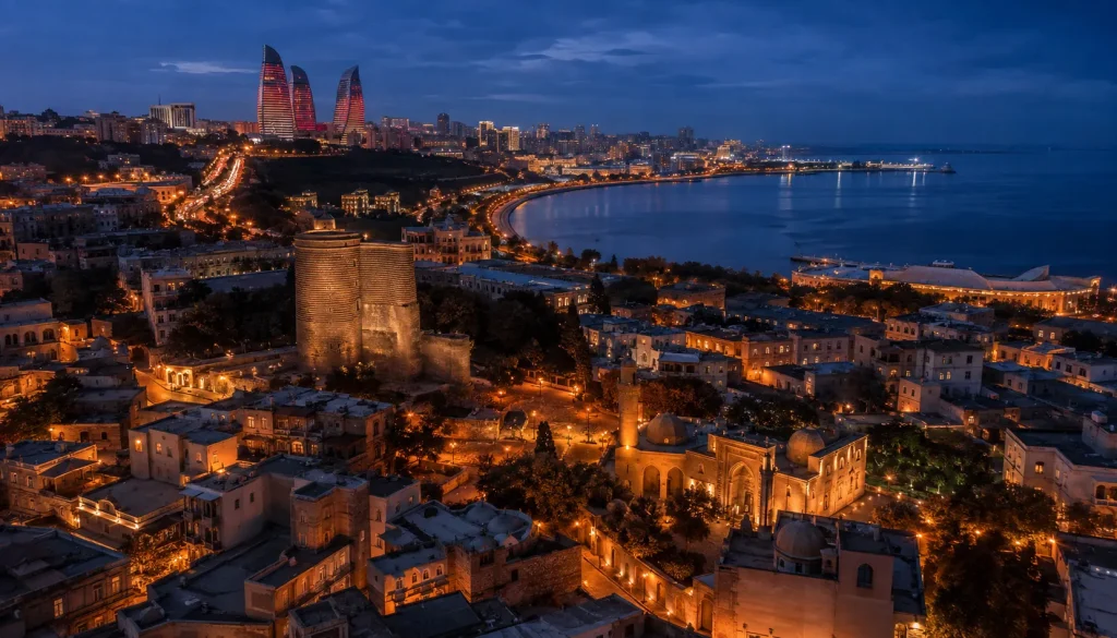 Baku skyline at dusk showing Azerbaijan visa for Pakistani travelers destinations
