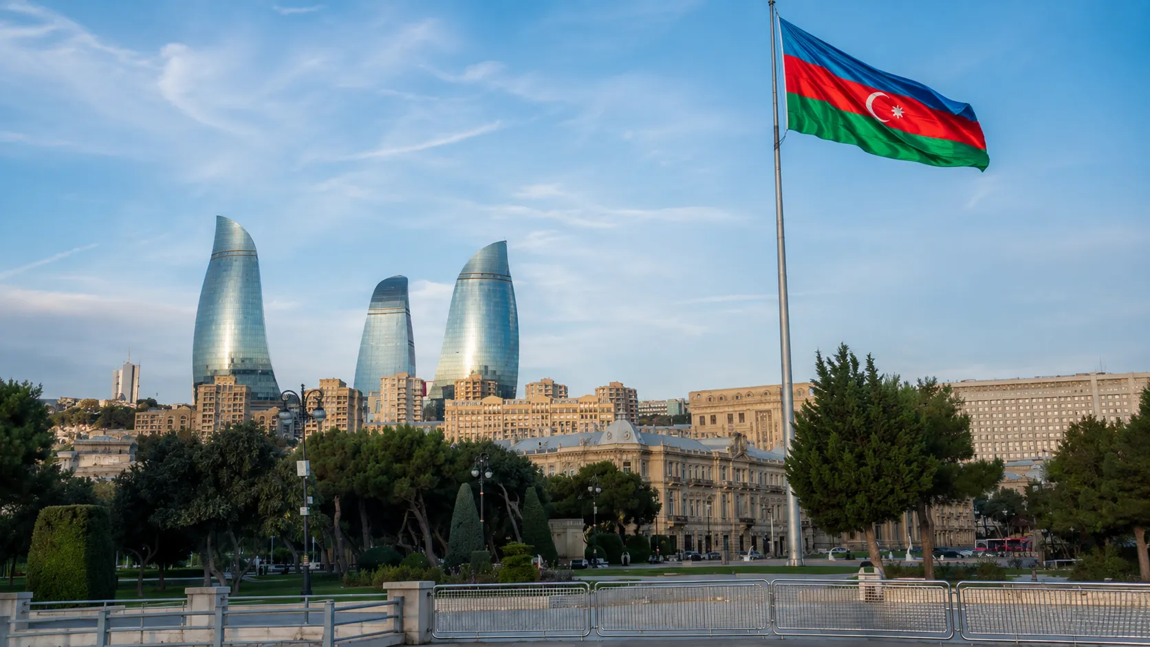 Flame Towers and the Azerbaijan flag in Baku, a stop on an Azerbaijan e-visa for Pakistanis trip