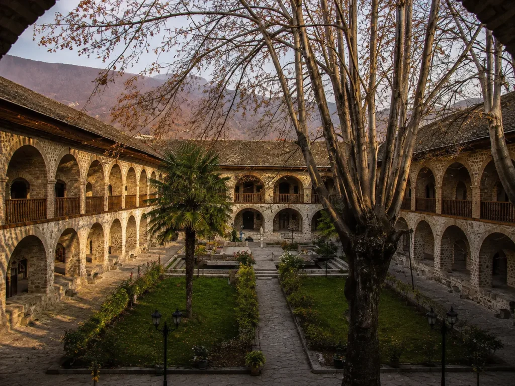 Restored caravanserai courtyard in Sheki, a foothills stop on an Azerbaijan e-visa for Pakistanis