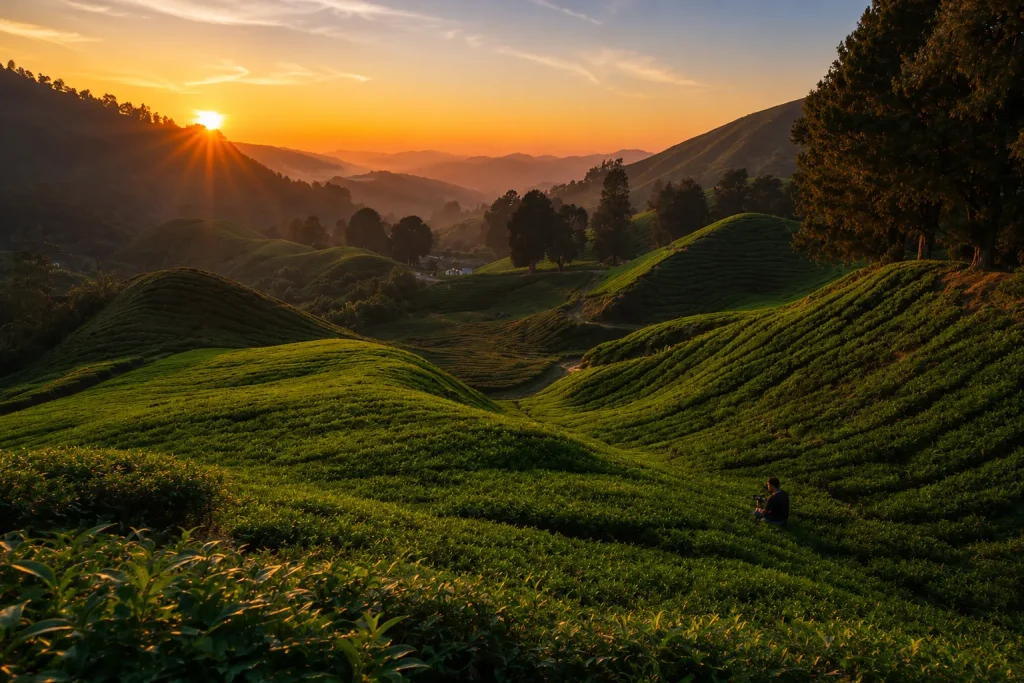 Family walking through Cameron Highlands tea terraces, a Malaysia adventure trip stop