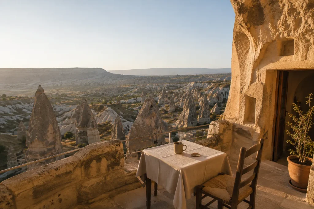 Cave hotel terrace overlooking Cappadocia, a shoulder-season stop for solo travel Turkey
