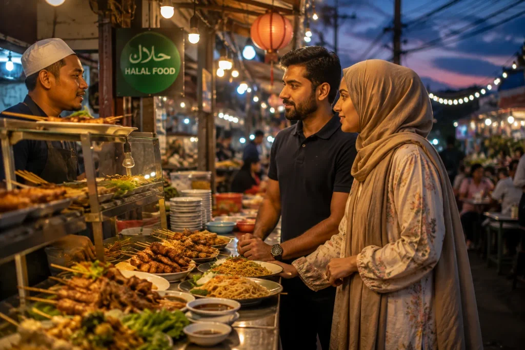 Pakistani travelers at a halal food stall near Chiang Mai's night market in Thailand UNESCO guide