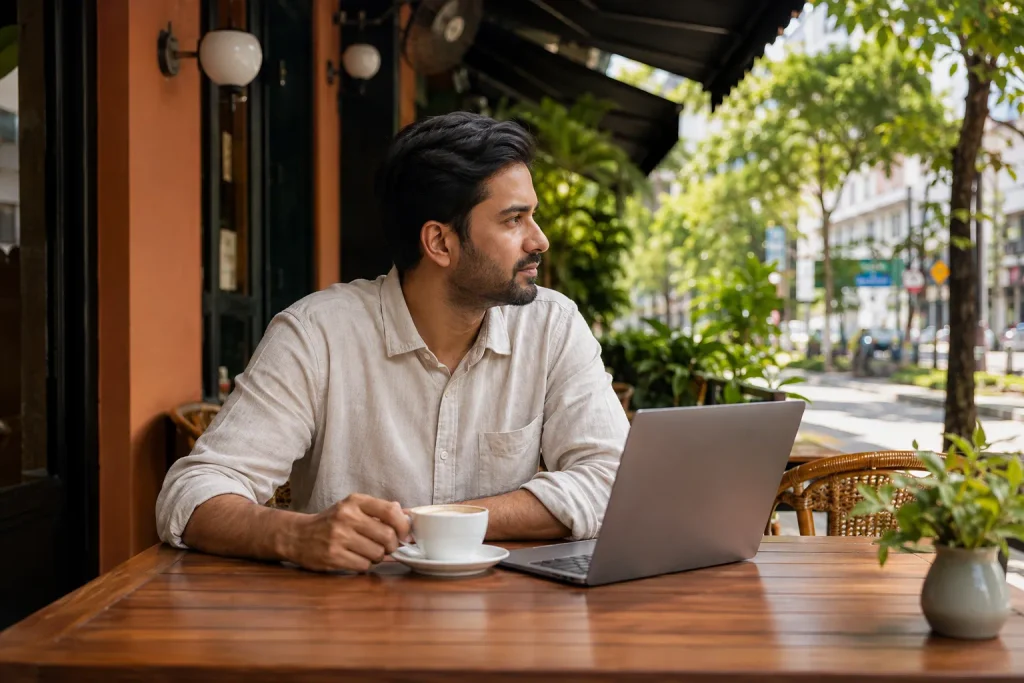 Freelancer working from a Bangsar café in Kuala Lumpur, life on Malaysia's digital nomad visa.