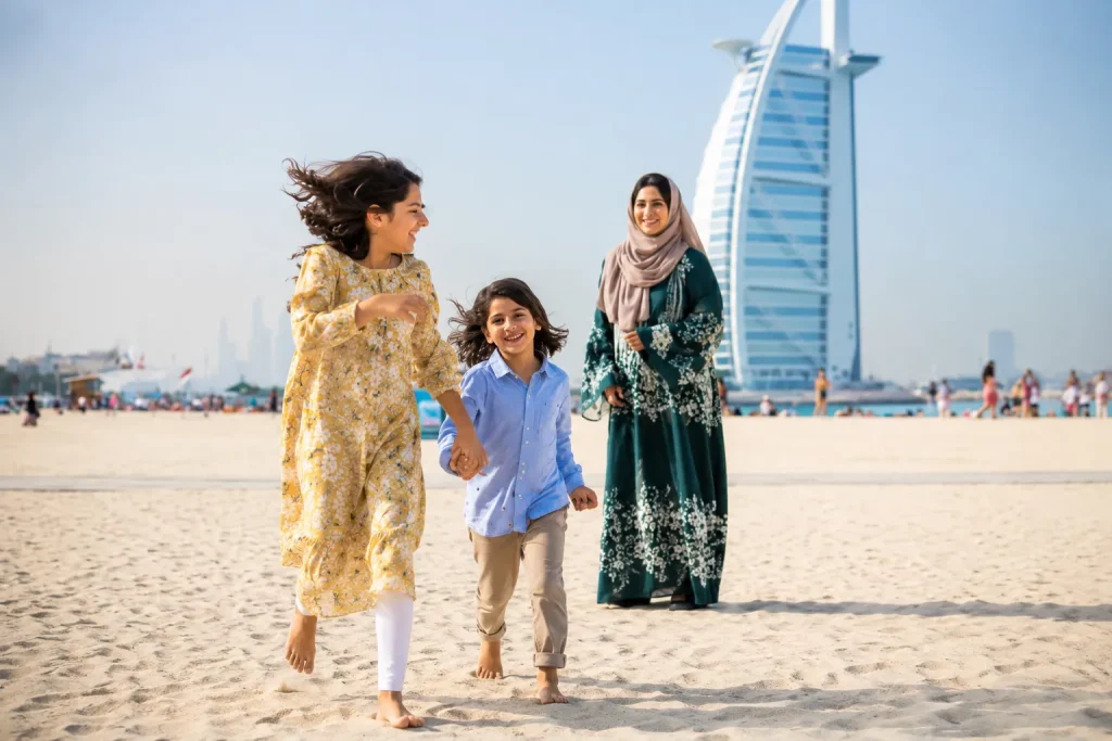Family on Jumeirah Beach near Burj Al Arab, a Dubai with kids trip destination