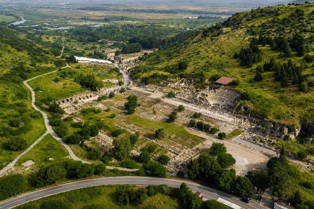 Aerial view of the ancient ruins of Ephesus near Selçuk, one of the UNESCO sites worth protecting in a Turkey itinerary.