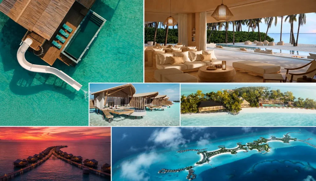 Collage of new Maldives resorts 2026, showing overwater villas, a beach clubhouse, aerial island layout, and resort interiors.