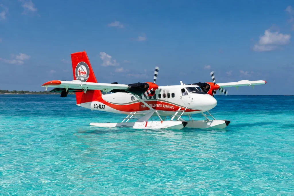 Seaplane on turquoise Maldives waters, the final transfer after a free visa on arrival for Pakistani passport holders.