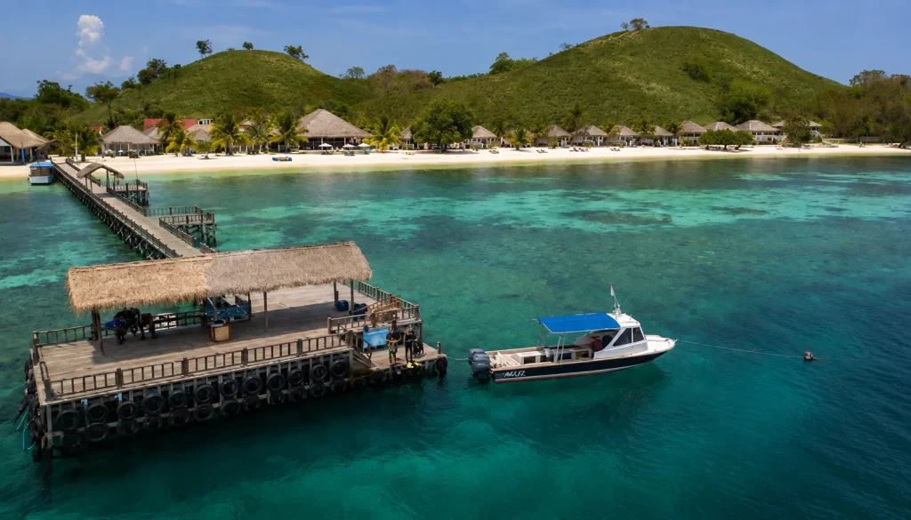 Dive jetty at an Indonesia eco luxury resort near Labuan Bajo, Komodo National Park