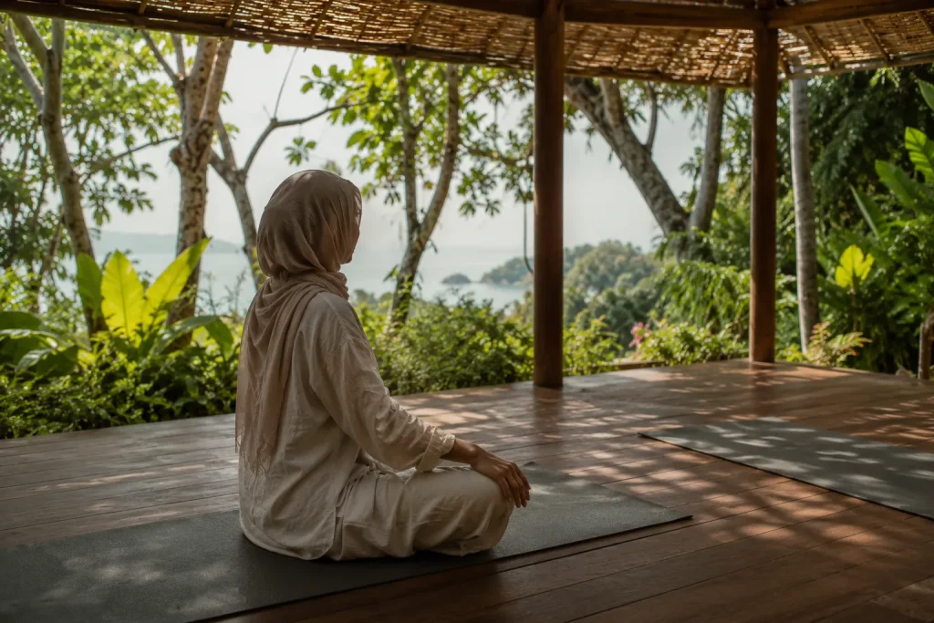 Solo yoga session on an open-air pavilion, part of a wellness retreat Thailand Cost and schedule