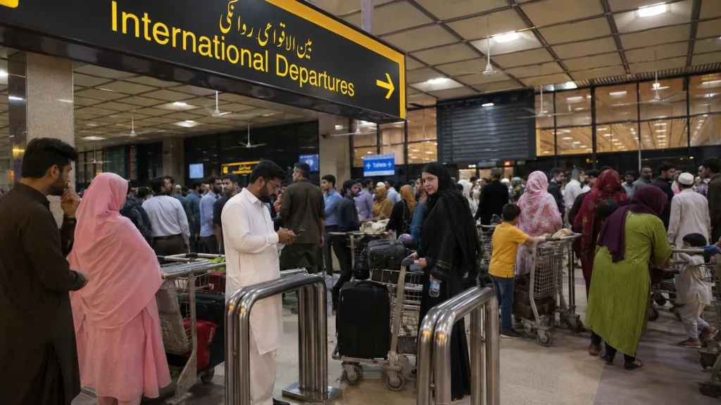 Late-night immigration queue at Karachi airport before the new e-gates rollout | Karachi airport e-gates