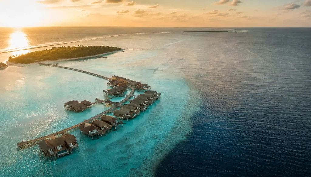 Aerial view of a Maldives atoll and overwater villas, reachable on Karachi to Maldives flights
