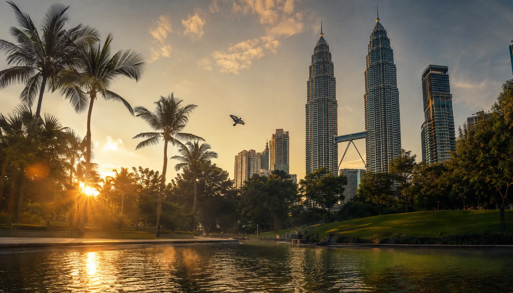 Petronas Towers at golden hour, a Muslim-majority city easy for Pakistani families to visit