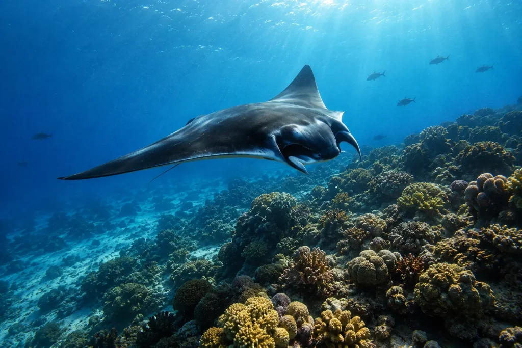 Manta ray gliding over a coral reef near an Indonesia eco luxury resort in Flores