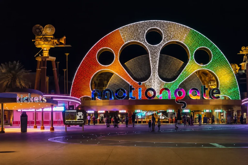 Motiongate Dubai entrance at night, a Dubai with kids stop best in cooler months