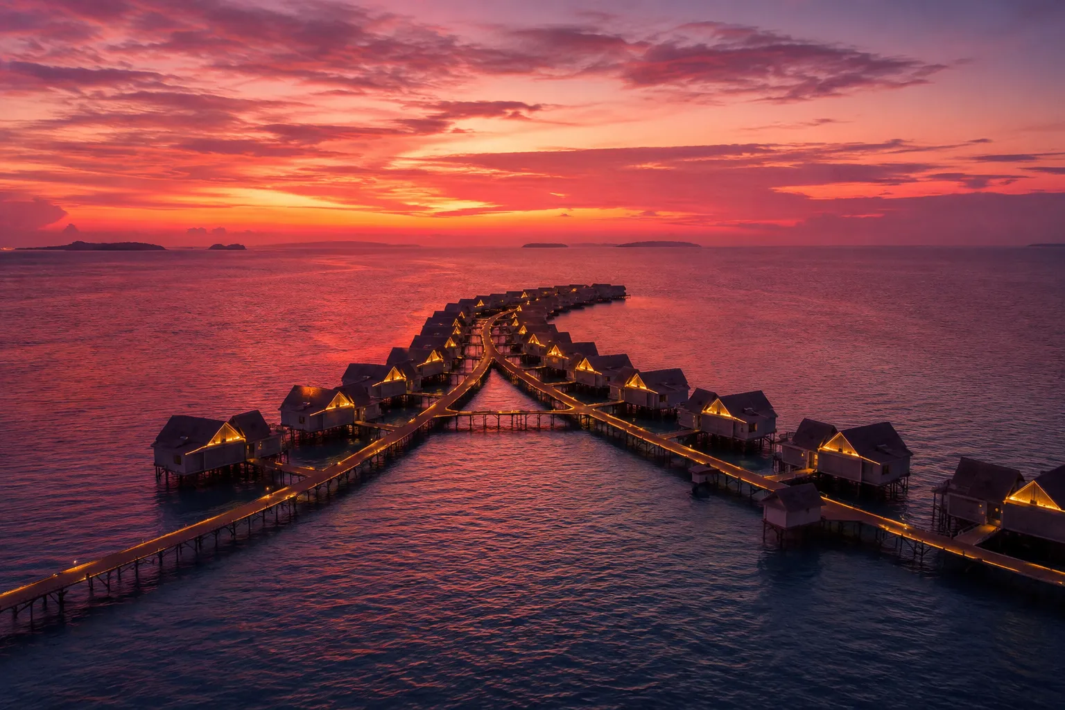 Aerial sunset view of overwater villas at a new Maldives resort 2026, with lit walkways stretching over the lagoon.