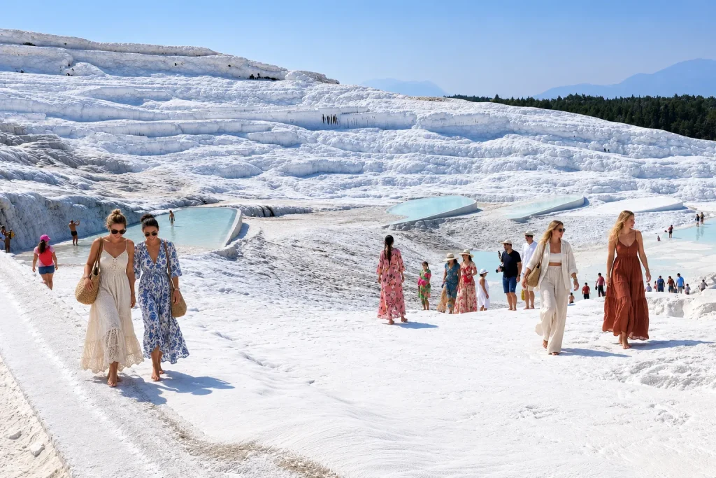 Visitors walking barefoot across Pamukkale's white travertine terraces and thermal pools in Turkey.