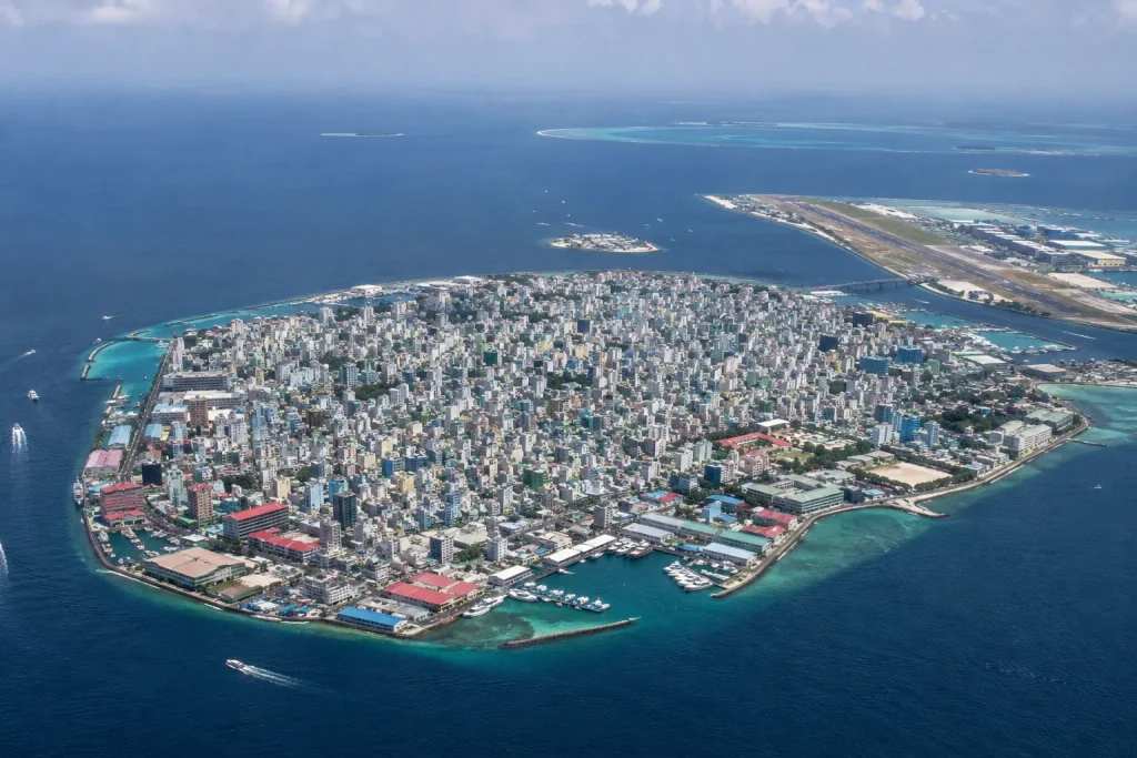 Aerial view of Malé, Maldives, near the airport reached via Karachi to Maldives flights