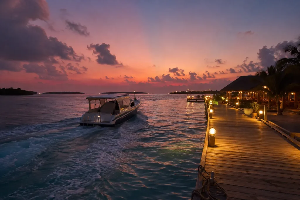 Speedboat transfer arriving at a Maldives resort jetty at dusk, used by guests visiting new Maldives resorts in 2026.
