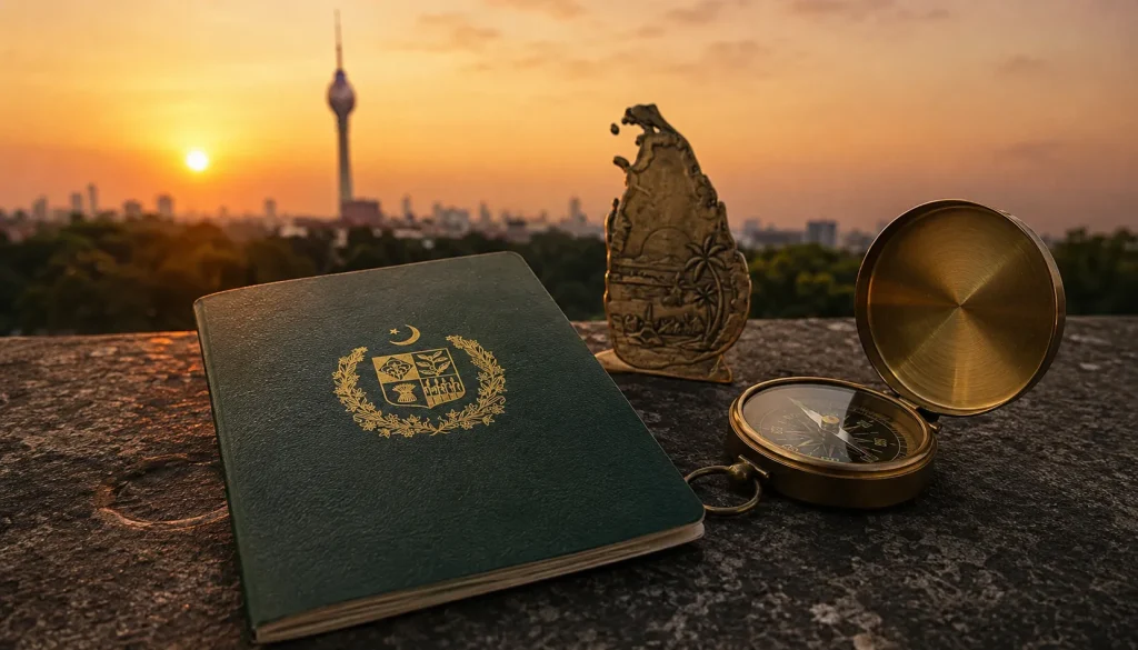Pakistani passport and compass with Colombo's Lotus Tower at sunset, Sri Lanka nomad visa for Pakistanis