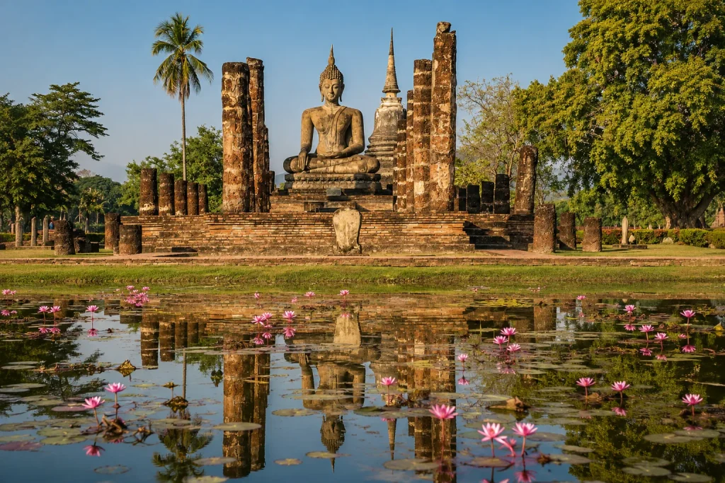 Sukhothai UNESCO site at sunrise with lotus pond and ancient seated Buddha statue