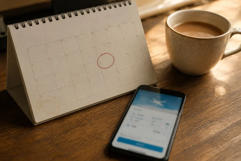 Booking calendar with a date circled, the 64-day rule for winter break flights from Karachi