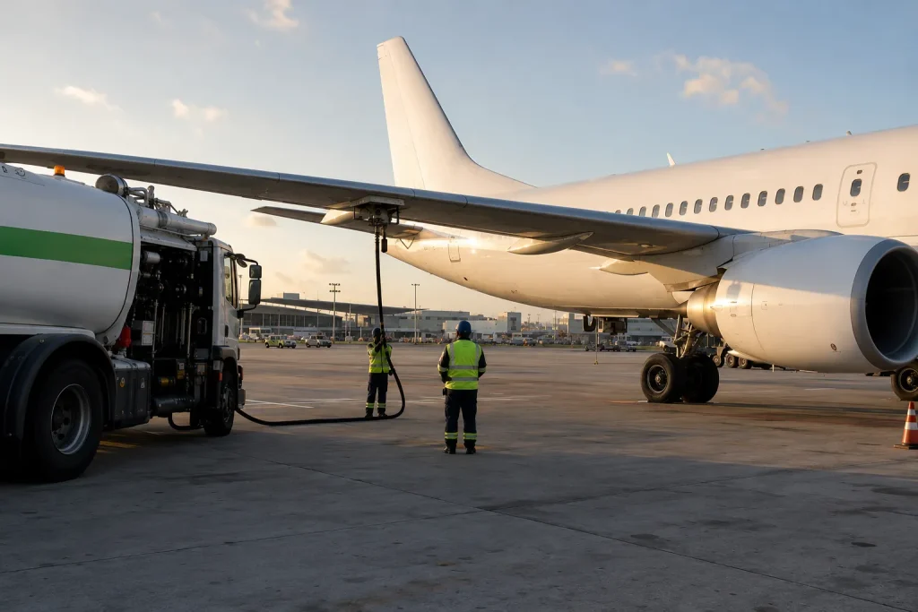 Aircraft refueling at dawn, the fuel-cost factor behind winter break flights from Karachi