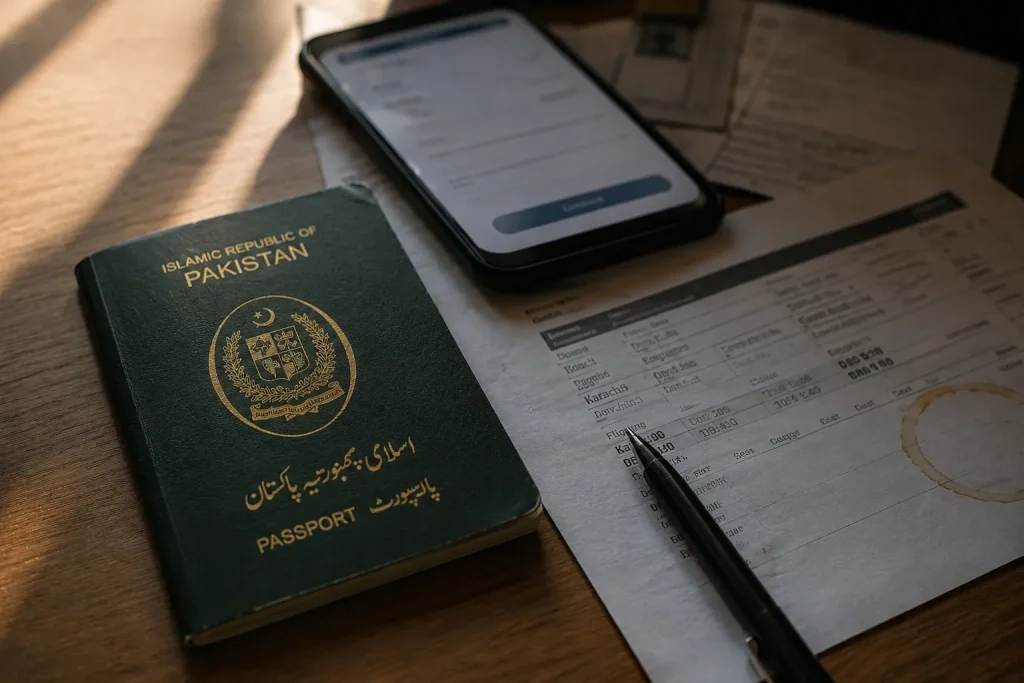 Pakistani passport and travel documents for a Malaysia eVisa application