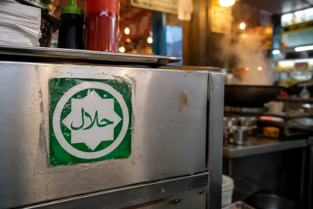 Halal certification signage at a Kuala Lumpur food court counter