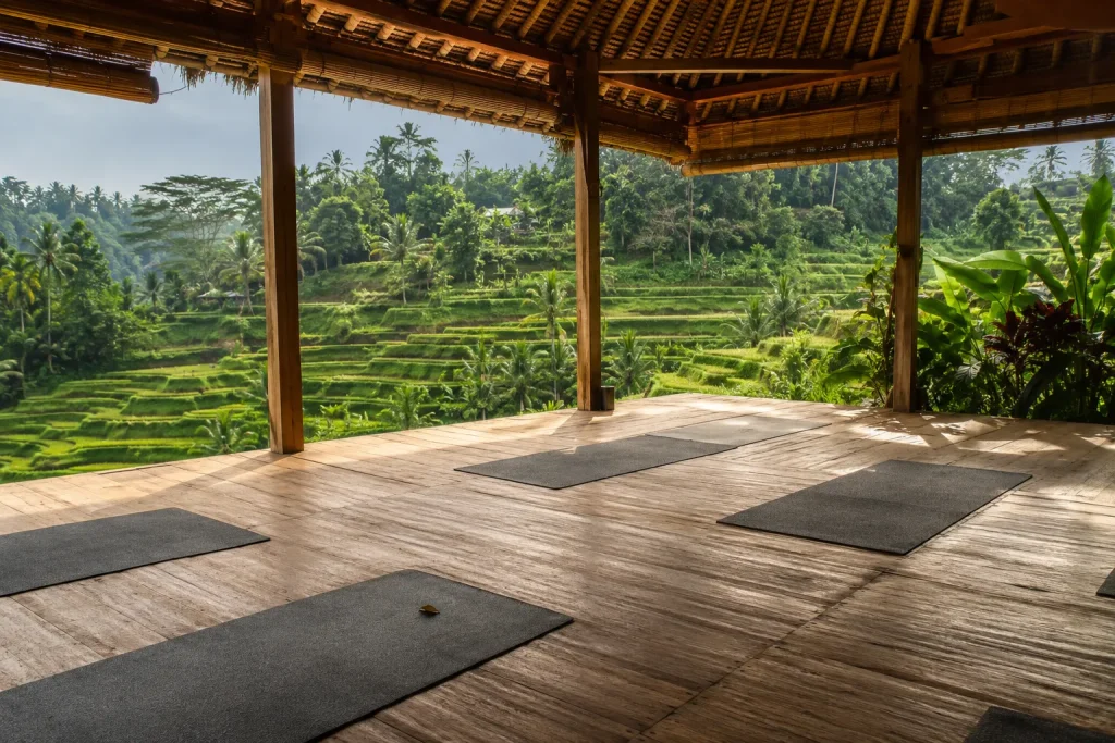 Open-air wellness workshop pavilion near Ubud rice terraces, Bali Blue Zones retreat