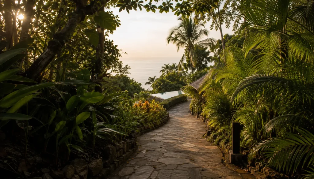 Garden path toward a Koh Samui retreat pool, the real cost of a Thailand wellness retreat