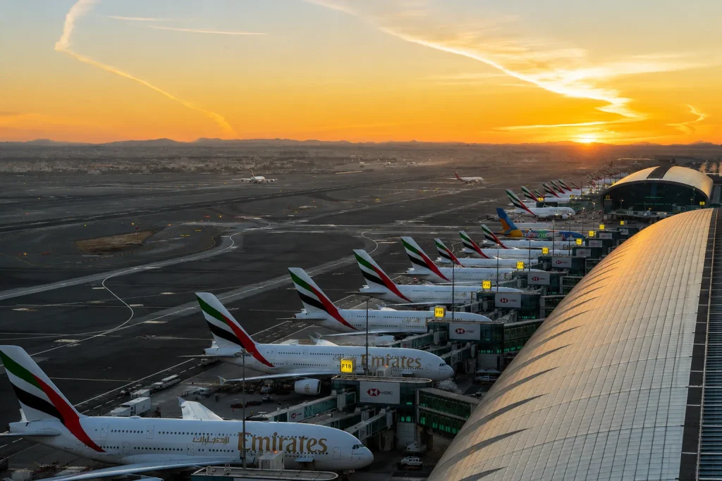 Emirates aircraft at Dubai airport, the arrival point for a Dubai with kids trip