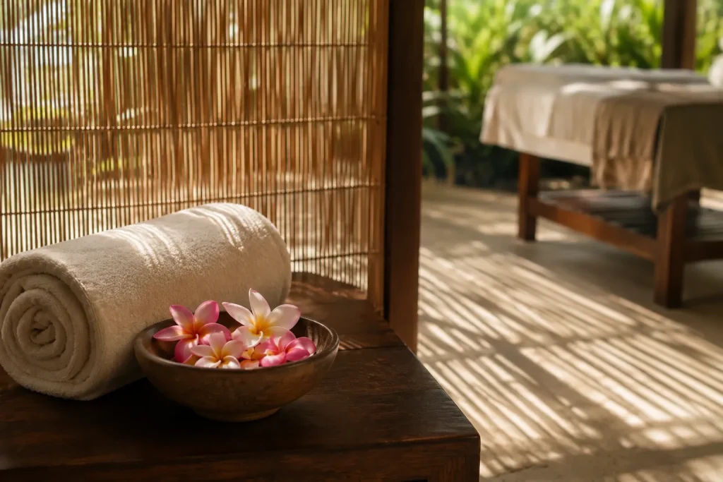 Traditional Thai spa pavilion detail at a wellness retreat in Thailand